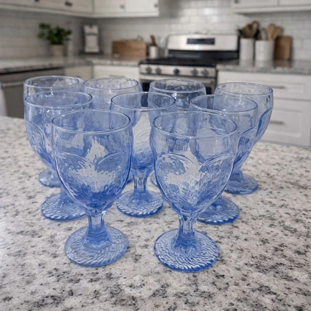 Set of 9 Blue Textured Glass Goblets | Vintage Style Stemmed Wine Water Glasses